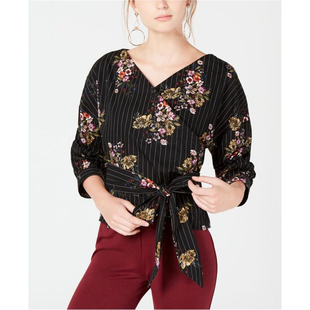 XOXO Womens Floral Pinstripe Wrap Blouse, Black, M, DM